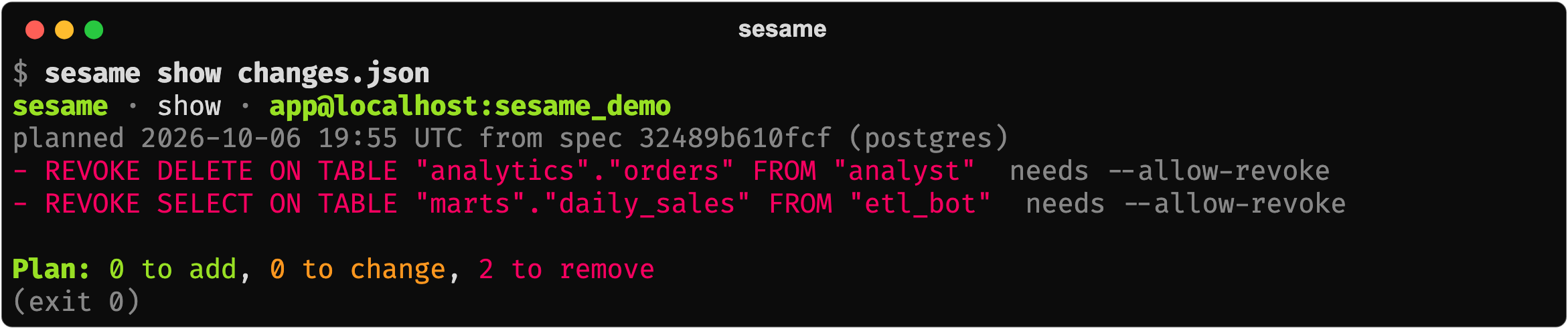 sesame show: a saved change set, reviewed without a database